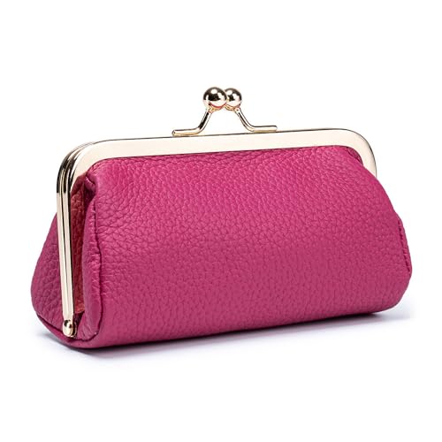 EutDett Lipstick Case with Mirror Genuine Leather Lipstick Holder for Purse - Kiss Lock Cosmetic Bag Portable Mini Makeup Pouch for Women Small Travel Makeup Organizer (Rose)