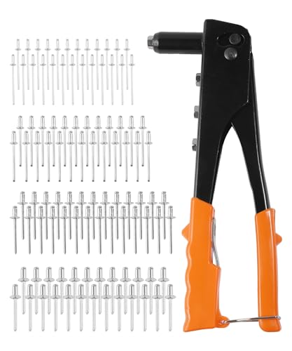 SCUARI Automotive Rivet Gun Kit,Car Accessories,3/32"-1/8"-5/32"-3/16" Pop Rivet Gun with 4-Size 100 Rivets,Heavy Duty Manual Riveter for Automotive,Used for Fastening and Riveting Metal Sheets,Pipes