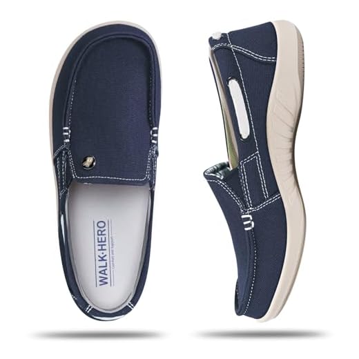 Sapatos femininos sem cadarço – Mocassins casuais femininos com suporte de arco – Fascite plantar tênis de lona para caminhadas diárias, Azul marino, 6 Wide
