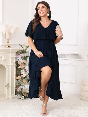Image of Women Plus Size Long Formal Dress Short Sleeve Chiffon Ruffle V Neck High Low Split Wedding Guest Maxi Dresses