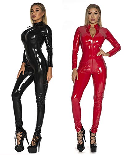 FEOYA Damen Hosenanzug Overall Slim Fit Catsuit aus Lackleder Langer Overall Bodysuit Nachtwäsche Club Kostüme Catsuit Catwomen mit Frontreißverschluss