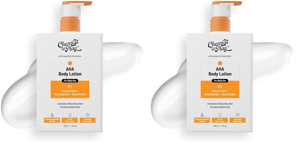 Image of Chemist At Play AHA Body Lotion with 5% Natural AHA, Niacinamide, Shea Butter | For Exfoliating Dry & Dead Skin Cells, Deep Nourishment & Radiant Skin | Skin Brightening Lotion | 236ml (Pack of 2)