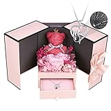 WILDLOVE Birthday Gifts for Mom, Moss Bear with Three Pink Roses Preserved Flowers Gift Box, Mom Bir