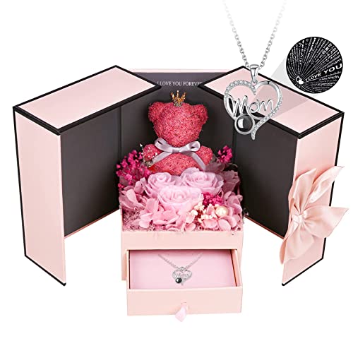 Wildlove Birthday Gifts For Mom, Moss Bear With Three Pink Roses Preserved Flowers Gift Box, Mom Birthday Gifts From Daughter Or Son, Mothers Day Valentines Day Christmas Mom Gift Ideas #TOP17