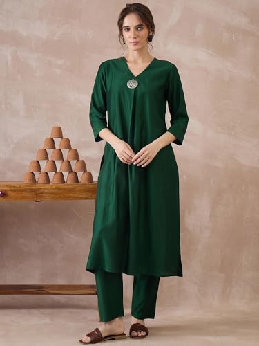 Image of INDO ERA Women's Viscose Solid A-Line Calf Length Kurta & Pant Set (IESTR12352)