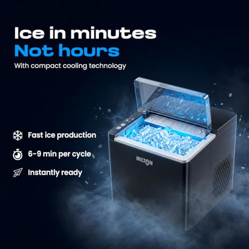 Image of Milton Ice Maker Machine 1.5L | 9 Bullet Ice Cubes in 6-8 Mins | 12Kg /24Hrs | 2 Size ice cubes | Portable Countertop Ice Maker for Home, Kitchen, Office & Parties | Black (1 year warranty)