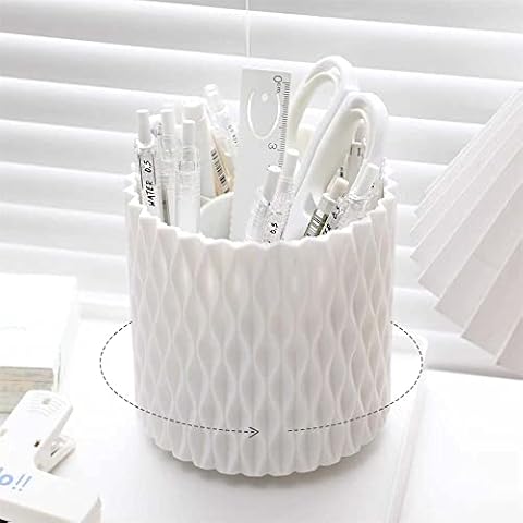 OWLFAVO Rotate Desk Organizer, Spinning Pen Holder Stationery, 360-Degree Pencil Accessories Storage Caddy Tray for College, Home, Office, Makeup Brush, 5 Compartments, White Cover