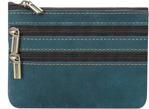 Real Leather Coin Purse for Men Genuine Real Leather Zippered Keychain Wallet Pouch for Coins (Blue)