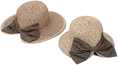 LUPBOK 2 Pack Parent-Child Sun Straw Hat Bowknot Beach Sun Hat Kids Girls Travel Beach Cap,Brown