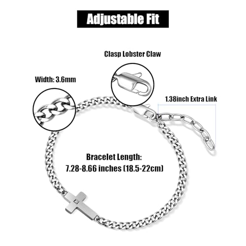 Silver Cross Chain Bracelets for Men Women,Stainless Steel Adjustable Curb Cuban Link Chain Bracelet Stylish Cross Jewelry,Christian Religious Jesus Confirmation Jewelry gifts,7.28-8.66''3