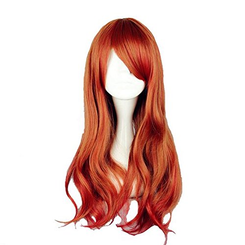 25.6" Long Wavy Orange Red Mixed Color Synthetic Hair With Bangs Cosplay Party Wigs For Women + Free Wig Cap #TOP9