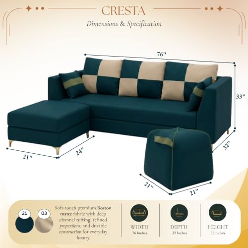 Image of FURNY Signature Cresta 5-Seater L-Shape Sofa Set with Movable Ottoman & Suri Pouf | Flexible LHS /RHS Layout | Boston Fabric | 40D Foam + Zigzag Spring | 3-Yr Warranty (Ocean Teal-Beige)
