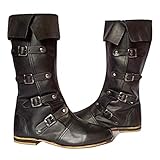 AnNafi Medieval Leather Boots 4 Buckle | Renaissance Inspired Loafer Boot | Halloween Caribbean Pirate Costume Boots | Re-Enactment Viking Mens Shoes| SCA LARP Riding Costume Boot for Cosplay | Long B