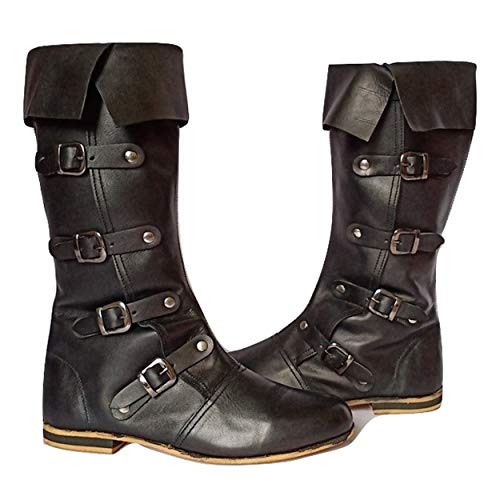 AnNafi Medieval Leather Boots 4 Buckle | Renaissance Inspired Loafer Boot | Halloween Caribbean Pirate Costume Boots | Re-Enactment Viking Mens Shoes| SCA LARP Riding Costume Boot for Cosplay | Long Boots
