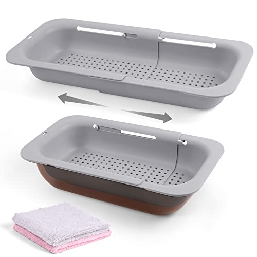 Auauy Extendable Kitchen Sink Strainer Basket, Over The Sink Strainer Colander Basket Set With Bowl And 2 Rag, Non Bpa Adjustable Retractable Colander To Wash Vegetables Fruits Drain Pasta Dishes-Grey #TOP17
