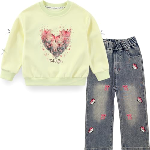 Image of Peacolate 5-12Years Spring Fall Clothingsets Kid Little&Big Girls Pullover Long Sleeve T Shirt and Embroider Butterfly Jeans
