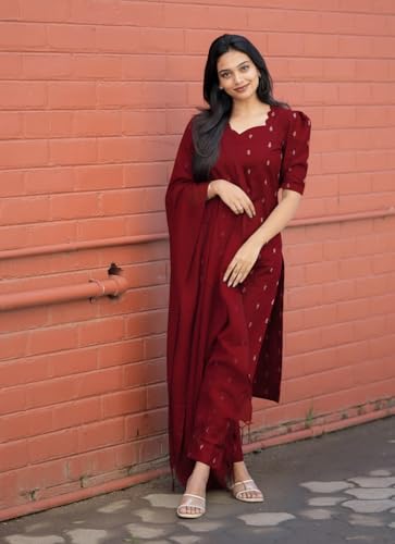 Image of ANNI Designer Women's Purple Printed Kurta Set | Pure Viscose 3 Piece Ethnic Suit Set with Pant & Dupatta | Festive for Women | Cotton Kurta Sets for Woman