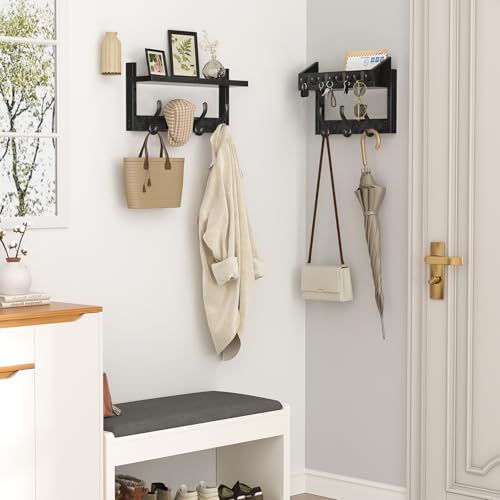 Image of Evermagin 29 inch Coat Rack Wall Mount with Shelf, 4 in 1 Wall Mounted Coat and Key Hanger with 11 Hooks, Entryway Key Holder with Mail Holder for Living Room, Bedroom, Black