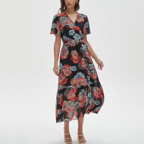Image of Women's Summer Bohemian Floral Chiffon Dress Cap Sleeve V Neck Ruffle Long Flowy Boho Casual Vacation Dresses