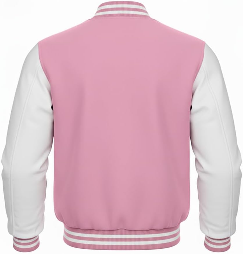 Unisex Varsity Letterman Jacket, Classic College Style, Striped Ribbed Trim, Snap Button Closure, Multiple Colors, Hip Length