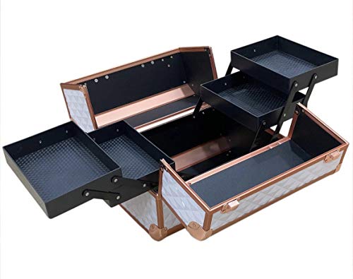 Image of Adson Professional Makeup Box Cosmetics Case Jewelry Organiser Vanity Make Up Storage Box Beauty Train Case Lockable with Keys (White Rose Gold)