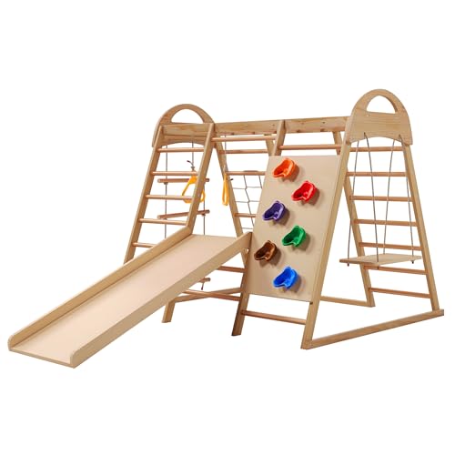 Estructura de escalada de madera para interiores - tobogán infantil, columpio infantil, pared de escalada, red de escalada, escalera de punto, escalera sueca, anillos para columpio, parque infantil
