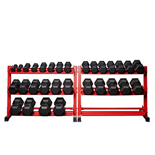 REP Fitness Rubber Hex Dumbbells, Includes Red Rack with 5–75 lb Weight Pairs, Heavy-Duty Sets, Textured Handles, Bundled Package for Men & Women, Home Gym Strength Training, Lifting and Muscle Growth