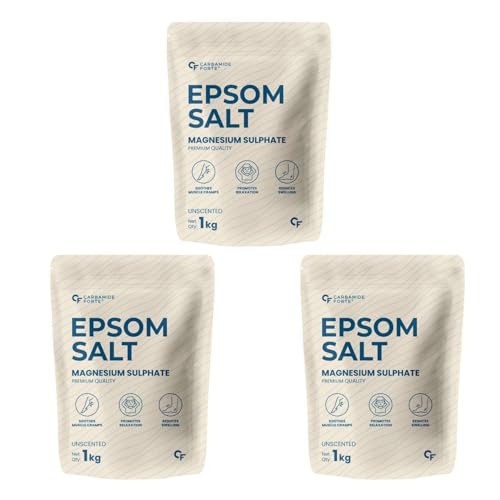 Image of Carbamide Forte Epsom Bath Salts Crystal Granules | Epsom salt for foot soak,bath soak,gardening | Magnesium Sulphate | Epsom Salt for pain relief foot & aches - 1KG (Pack of 3)