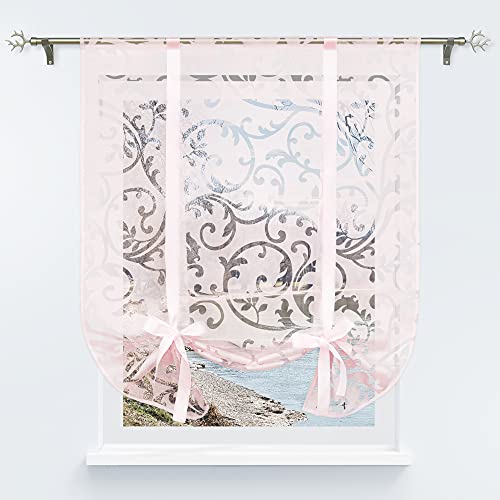 Yujiao Mao Voile pink roman blind burnout quality with floral pattern, decorative ribbon blind, transparent tie curtain, 1 piece, W x H 140 cm x 140 cm