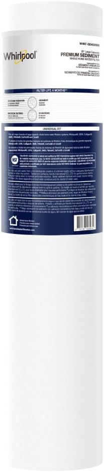 Whirlpool 20" x 4.5" Large Whole House Sediment Filter WHKF-GD4520BB, NSF Certified 25 Micron Filtration, 6-Month Life, Replacement Cartridge Fits Most 20-Inch Home Water Filter Housings
