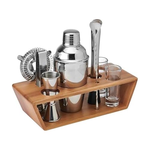 Mikasa Glenwood Mixology 8 Piece Cocktail Shaker Bartender Stainless Steel with Acacia Wood Stand Bartool Set by Mikasa - Used condition - US$80.73