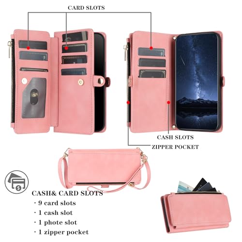 Suitable for Samsung Galaxy S24 Wallet Case, Multifunctional Flip Wallet for Women Men with RFID Blocking Card Holder, Pu Leather Magnetic Snap Zipper Wallet Case for Galaxy S24 (Pink) by GEOFF - Image 3