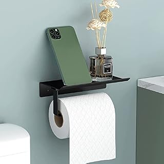 2 in 1 Toilet Roll Holder Wall Mounted, Black Toilet Paper Holder Self Adhesive Metal Aluminum Kitchen Roll Holder With Shelf For Bathroom Washroom Toilet Kitchen Wall Mounted or Self Adhesive