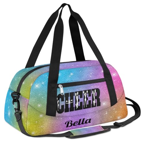 Personalized Custom Girls Dance Bag, Custom Name Sports Gym Bag Kids Duffel Bags Customized Travel Duffel Bag Overnight Weekender Sleepover Tote Bag for Girls, Colorful Glitter Cheer2