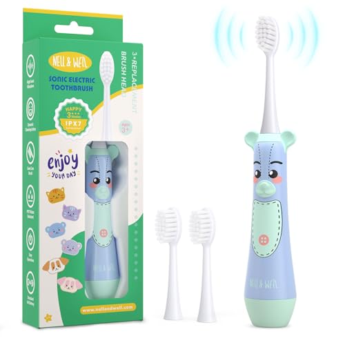 NELL&WELL Cepillo de dientes eléctrico para niños, temporizador de 2 minutos, 3 modos con memoria, impermeable IPX 7, cepillo de dientes para niños con 3 cabezales de cerdas suaves para niños y niñas