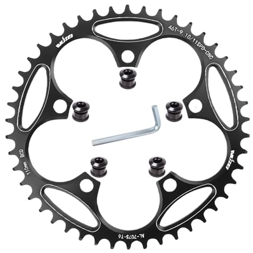 goucrro 110/130 BCD Chainring 36/38/40/42/44/46/48/50/52/54/56/58/60T Round Narrow Wide Bicycle Chainring with 5 Screws for Road Bike Folding Bicycle(Black,110BCD-46T)