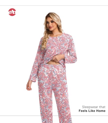 Image of ENJOYNIGHT Womens Pajama Set Cotton Pjs Long Sleeve Sleepwear with Pockets | Two Piece Crew Neck Sleep Set, Elastic Waist Long Pant, Lightweight Loungewear