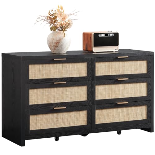 SICOTAS Rattan Dresser for Bedroom, 57" Wide 6 Drawer Dresser