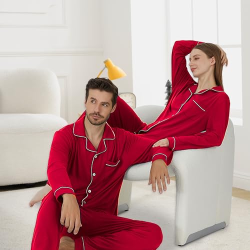 Matching Pajamas for Couples, Button Up Pjs Set for Men and Women Soft Warm Loungewear(Red Men, Small)3