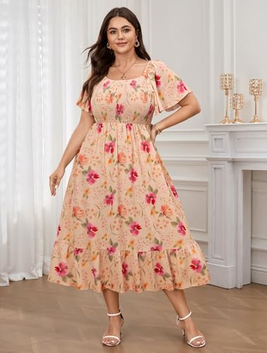 Image of SCOMCHIC Women's Plus Size Summer Dress Casual Short Sleeve Scoop Neck Maxi Dress Smocked Ruffle Boho Flowy Long Dresses