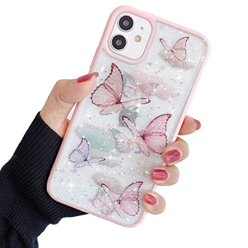 ZTUOK Coque de protection de téléphone, transparente, souple, fine et enveloppante, pour iPhone 11, motif papillons et étoiles, paillettes, rose Cover