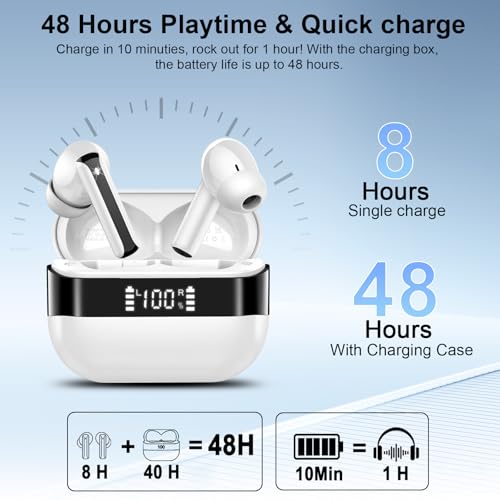 Image of Wireless Earbuds, Bluetooth 5.4 Headphones HiFi Stereo, Bluetooth Earbuds with 4 ENC Mics, 48H Playtime Wireless Ear buds with LED Display, IP7 Waterproof Bluetooth Earphones for Android iOS White