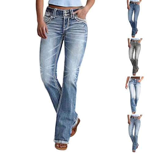 Bootcut Jeans for Women Stretchy Mid Rise Boyfriend Straight Leg Jeans Distressed Slim Fit Flare Denim Pants