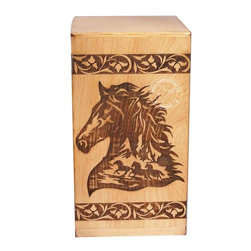 Image of Handcrafted Floral Engraved Wooden Urns for Human Ashes Adult Large - Cremation Urn for Ashes - Burial Urn for Columbarium - Funeral Urn Box (Horse 1, 250 LB - Beechwood)