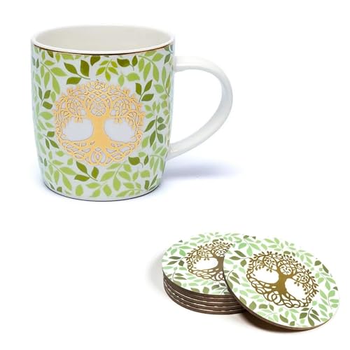 Generico Taza de té de Mandala Árbol Vida Taza Porcelana Fina Infusor Copa con Posavasos