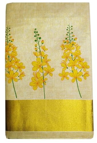Image of Women's Mural Printed Kerala Gold Tissue Saree with Running Blouse Piece | Traditional South Indian Ethnic Saree for Festivals, Weddings & Special Occasions