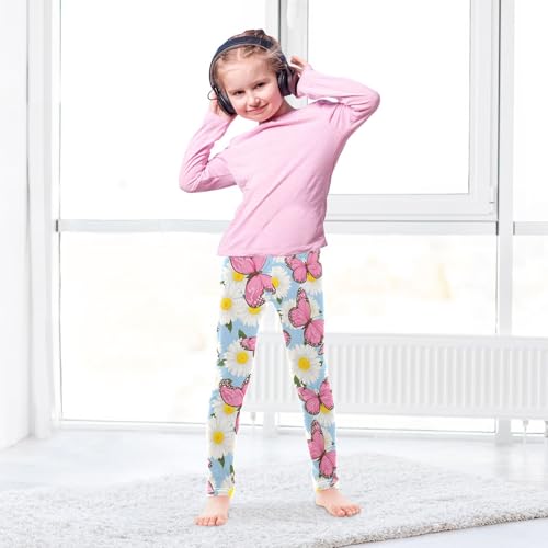 Pink Butterfly Daisy Girls Leggings Ultra Soft Compression Yoga Gym Pants for Kids 4-10T4