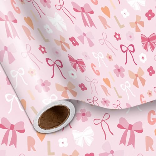 LeZakaa Pink Bow Wrapping Paper Roll for Kids Girls, GIRL Lettering with Flowers, Hearts, Sweet Baby Girl Age1 Gift Wrap for 1st Birthday, Baby Shower, Newborn Party Gifts, 17 In x 16.4 Ft