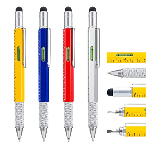 Bolígrafo Multitool Pen de 4 piezas con recarga adicional, 6 en 1 multifunción con regla y indicador de nivel, dispositivo genial para hombres, regalo para esposo papá padre (Colores variados)