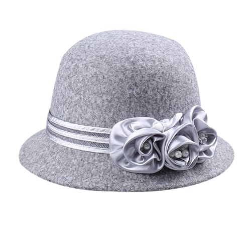 Vintage Fedoras Hat for Women Girl Teaparty Cloche Caps with Flower Wool Bowler Hat for Theme Party Winter Warm Women Fashion Gray